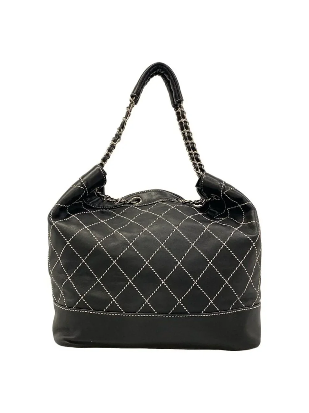 Chanel Tote Bag Wild Stitch Black White Silver Lambskin